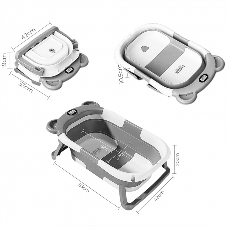 Cadita bebe cu suport FiGGA®, 0-48 luni, portabila, extra pliabila, termometru, picioare antiderapante, suport cap de dus, Gri [5]
