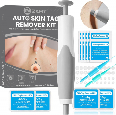 Dispositivo per rimozione papillomi - Dispositivo per Rimozione Papillomi ZAFIT®, Kit per Rimozione Skin Tag, per Viso, Collo, Corpo, Dimensioni 2-8 mm, 10 Salviette alcoliche, 40 Fasce elastiche, 2 Testine, Grigio