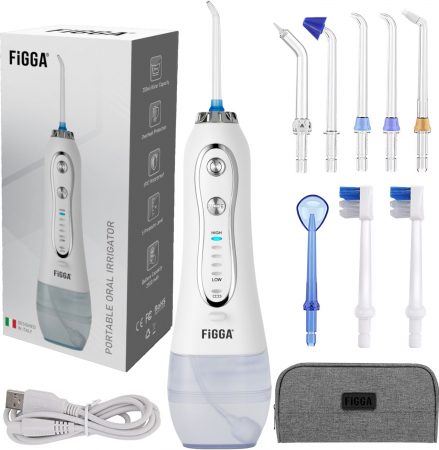 Idropulsori orali - Doccia orale FiGGA® Oral-F101, irrigatore portatile professionale, 8 testine, batteria 2500 mAh, 5 velocità, serbatoio 300 ml, certificazione IPX7 Waterproof, protezione surriscaldamento, custodia per