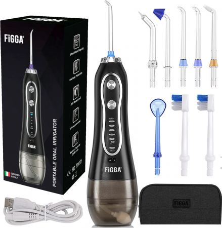 Idropulsori orali - Doccia orale FiGGA® Oral-F101, irrigatore portatile professionale, 8 testine, batteria 2500 mAh, 5 velocità, serbatoio 300 ml, certificazione IPX7 Waterproof, protezione surriscaldamento, custodia per