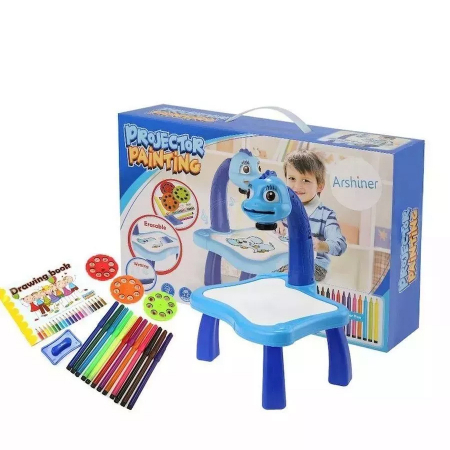 Giocattolo educativo tipo lavagna FiGGA® con tavolo da disegno con proiettore, ologramma, 3 dischi con 24 stencil, 12 pennarelli, modello Giraffa, Blu [5]