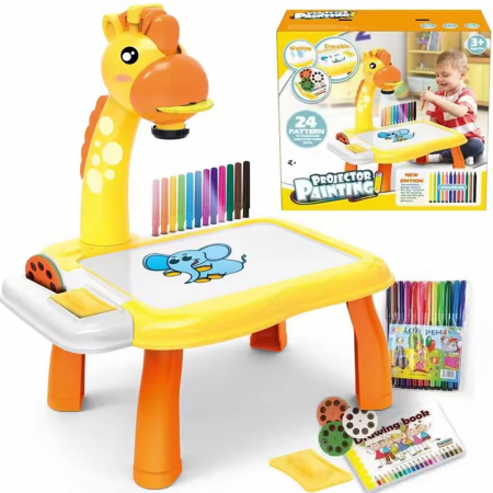 Giocattoli per bambini - Giocattolo educativo tipo lavagna FiGGA® con tavolino da disegno con proiettore, ologramma, 3 dischi con 24 stencil, 12 pennarelli, modello Giraffa, Giallo