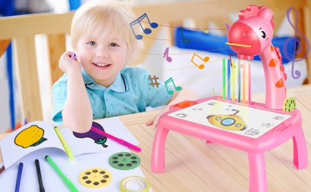 Jucarie educationala tip tabla FiGGA® cu masuta de desenat cu proiector, hologram, 3 discuri cu 24 sabloane, 12 carioci, model Girafa, Roz [3]