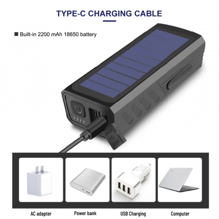 Lanterna bicicleta FiGGA® cu incarcare solara si cablu tip C, sirena, indicator baterie, lumini de atentionare, acumulator reincarcabil 2000 mAh, structura aliaj aluminiu, Negru [2]