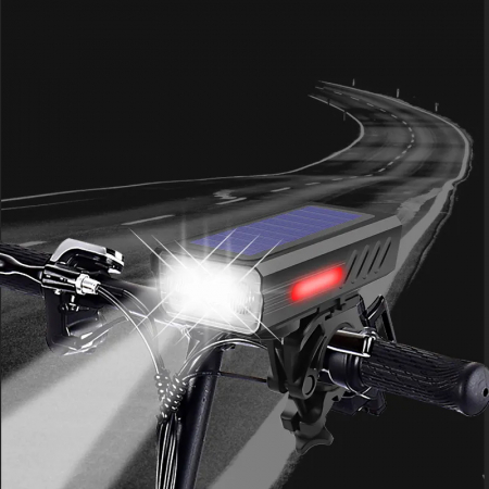 Lanterna bicicleta FiGGA® cu incarcare solara si cablu tip C, sirena, indicator baterie, lumini de atentionare, acumulator reincarcabil 2000 mAh, structura aliaj aluminiu, Negru [9]