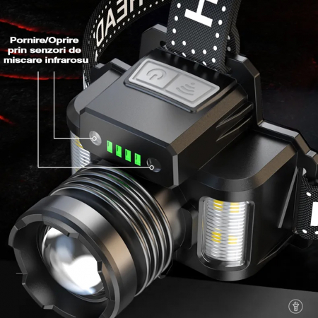 Lanterna puternica de cap FiGGA® LED 30W, 18000 lumeni, 500 metri distanta, 5000K, acumulator reincarcabil 6000 mAh, Profesionala, Frontala, Cablu de incarcare [5]