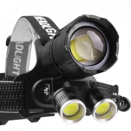 Lanterna puternica de cap FiGGA® LED XHP-160, 48000 lumeni, 1600 metri distanta, 5000K, 3 baterii reincarcabile de 18650 Li/3500 mAh, Profesionala, Frontala, Cablu de incarcare [2]