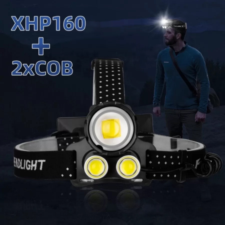 Lanterna puternica de cap FiGGA® LED XHP-160, 48000 lumeni, 1600 metri distanta, 5000K, 3 baterii reincarcabile de 18650 Li/3500 mAh, Profesionala, Frontala, Cablu de incarcare [6]