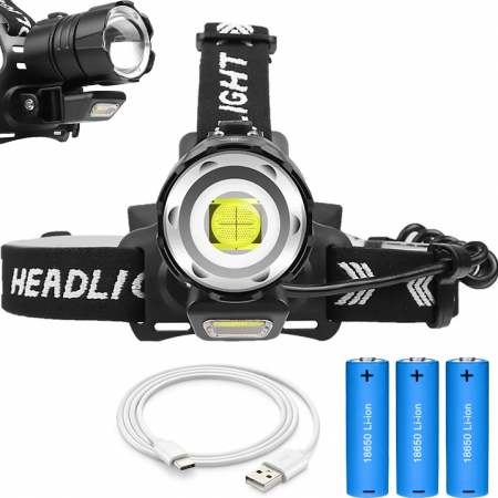 Lanterna puternica de cap FiGGA® LED XHP-90, 27000 lumeni, 900 metri distanta, 5000K, 3 baterii reincarcabile de 18650 Li/3500 mAh, Profesionala, Frontala, Cablu de incarcare [2]