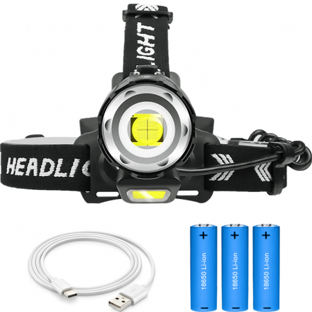 Lanterne - Lanterna puternica de cap FiGGA® LED XHP-90, 27000 lumeni, 900 metri distanta, 5000K, 3 baterii reincarcabile de 18650 Li/3500 mAh, Profesionala, Frontala, Cablu de incarcare