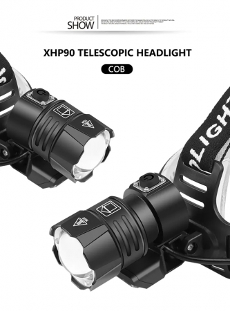 Lanterna puternica de cap FiGGA® LED XHP-90, 27000 lumeni, 900 metri distanta, 5000K, 3 baterii reincarcabile de 18650 Li/3500 mAh, Profesionala, Frontala, Cablu de incarcare [4]