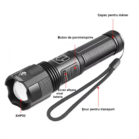 Lanterna puternica profesionala FiGGA®, LED XHP-50, 15000 lumeni, acumulator 18650 Li, structura aliaj aluminiu, Cablu de incarcare [2]