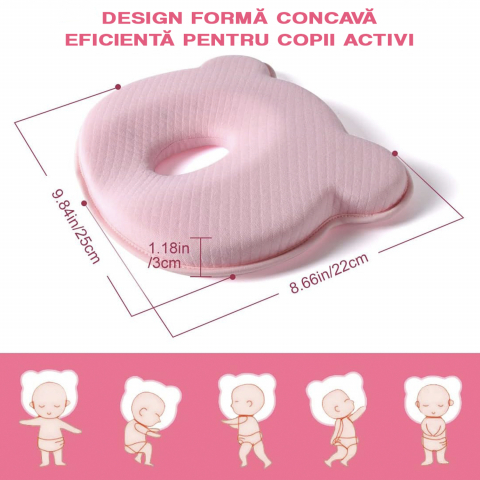Perna bebelusi FiGGA® pentru formarea capului, Anti Plagiocefalie, Spuma cu memorie, Husa de protectie, Roz [2]