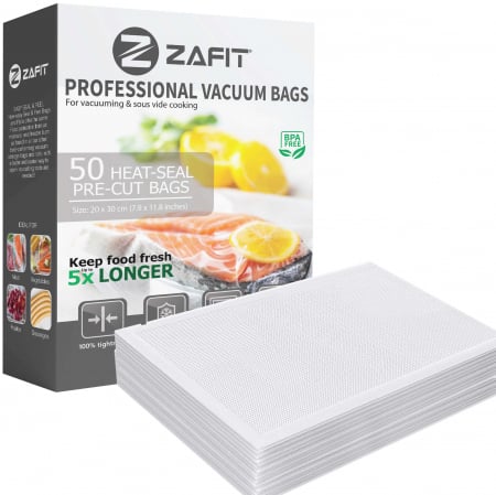 Macchine per il sottovuoto - Sacchetti per sottovuoto goffrati ZAFIT™, per macchina sottovuoto alimentare, 50 pezzi, 20 x 30 cm, riutilizzabili, resistenti, sous vide, lavabili in lavastoviglie, senza BPA, trasparenti