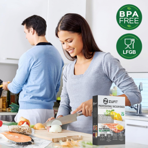 Sacchetti per sottovuoto goffrati ZAFIT™, per macchina sottovuoto alimentare, 50 pezzi, 20 x 30 cm, riutilizzabili, resistenti, sous vide, lavabili in lavastoviglie, senza BPA, trasparenti [10]