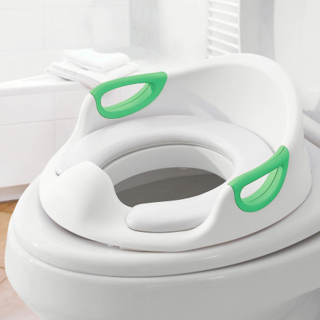Copriwater per bambini e riduttori per WC - Riduttore WC per bambini ZAFIT®, con maniglie e schienale, portatile, antiscivolo, bianco/verde