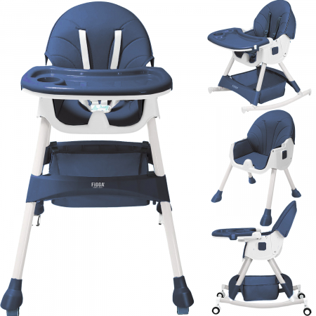 Seggioloni per bambini - Seggiolone pappa 4 in 1 FiGGA®, età 6-72 mesi, seggiolone alto pieghevole con 4 ruote, dondolo, 2 vassoi rimovibili, cintura di sicurezza a cinque punti, blu scuro