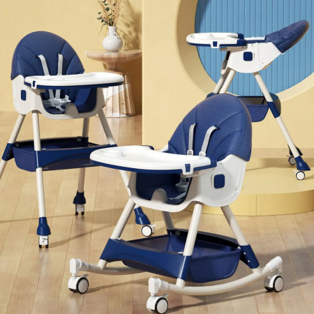 Бебешки стол за хранене 4 в 1 FiGGA®, възраст 6-72 месеца, сгъваем висок стол с 4 колела, люлка, 2 свалящи се подноса, 5-точков колан за безопасност, тъмносин [2]