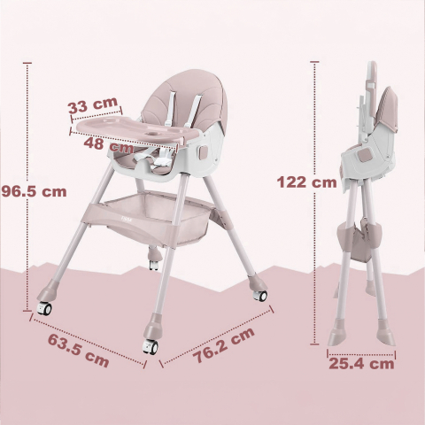 Бебешки стол за хранене 4 в 1 FiGGA®, възраст 6–72 месеца, сгъваем висок стол с 4 колела, люлка, 2 подвижни тави, 5-точков предпазен колан, розов [7]