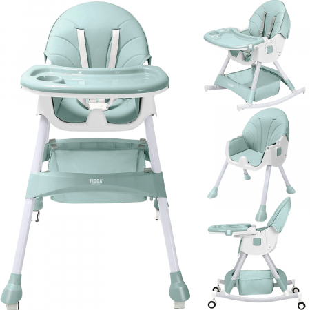 Seggioloni per bambini - Seggiolone 4 in 1 FiGGA® per bambini, età 6–72 mesi, seggiolone alto pieghevole con 4 ruote, dondolo, 2 vassoi rimovibili, cintura di sicurezza a cinque punti, verde