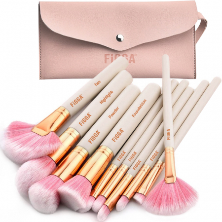 Pensule machiaj - Set 10 pensule machiaj FiGGA®, Profesionale, manere din lemn si aluminiu, gentuta depozitare, Roz-Auriu