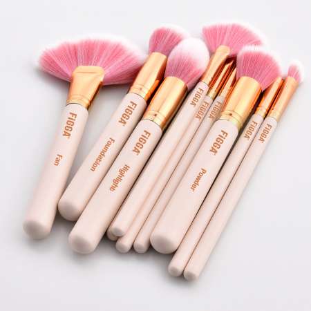 Set 10 pensule machiaj FiGGA®, Profesionale, manere din lemn si aluminiu, gentuta depozitare, Roz-Auriu [3]
