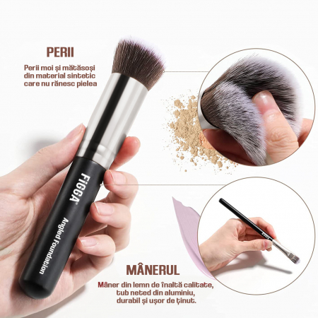 Set 14 pensule machiaj FiGGA®, Profesionale, manere din lemn si aluminiu, gentuta depozitare, Negru-Argintiu [2]