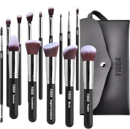 Pensule machiaj - Set 14 pensule machiaj FiGGA®, Profesionale, manere din lemn si aluminiu, gentuta depozitare, Negru-Argintiu