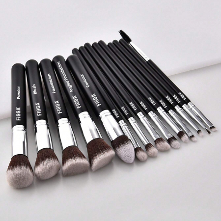 Set 14 pensule machiaj FiGGA®, Profesionale, manere din lemn si aluminiu, gentuta depozitare, Negru-Argintiu [1]