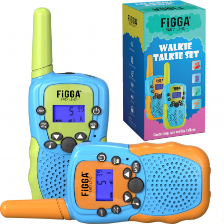 Giocattoli per bambini - Set di 2 Walkie Talkie FiGGA® per bambini, con torcia e antenna, portata 3 km, funzione VOX, in plastica, in 2 colori diversi