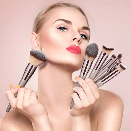 Set 20 pensule machiaj FiGGA®, manere din lemn si aluminiu, trusa make-up profesional, gentuta depozitare [5]