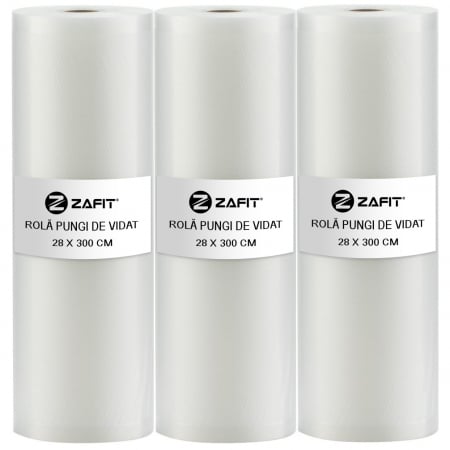 Aparate de vidat - Set 3 role pungi de vidat gofrate ZAFIT™, 28 x 300 cm, pentru aparat de vidat alimente, reutilizabile, rezistente, sous vide, lavabile in masina de spalat, fara BPA, transparent