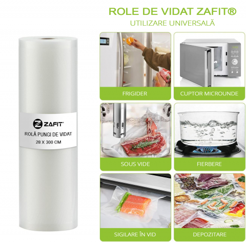 Set 4 role pungi de vidat gofrate ZAFIT™, 28 x 300 cm, pentru aparat de vidat alimente, reutilizabile, rezistente, sous vide, lavabile in masina de spalat, fara BPA, transparent [2]