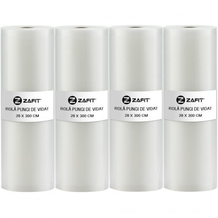Aparate de vidat - Set 4 role pungi de vidat gofrate ZAFIT™, 28 x 300 cm, pentru aparat de vidat alimente, reutilizabile, rezistente, sous vide, lavabile in masina de spalat, fara BPA, transparent