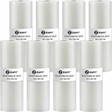 Macchine per il sottovuoto - Set di 8 rotoli goffrati per sottovuoto ZAFIT™, 28 x 300 cm, per macchina sottovuoto alimentare, riutilizzabili, resistenti, compatibili con sous vide, lavabili in lavastoviglie, senza BPA, trasparent