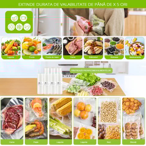 Set 8 role pungi de vidat gofrate ZAFIT™, 28 x 300 cm, pentru aparat de vidat alimente, reutilizabile, rezistente, sous vide, lavabile in masina de spalat, fara BPA, transparent [6]