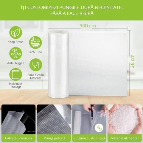 Set 8 role pungi de vidat gofrate ZAFIT™, 28 x 300 cm, pentru aparat de vidat alimente, reutilizabile, rezistente, sous vide, lavabile in masina de spalat, fara BPA, transparent [1]