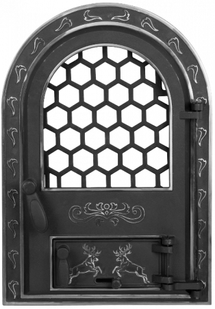 Accesorii gratar - Usa Semineu cu Geam Cerbi Ornamente Argintii Mare, Montaj (Lxh mm): 320x520 mm