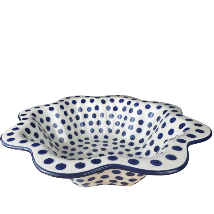 Bol pentru salata cu margini ondulate, Blue Dots, ceramica smaltuita, pictat manual, diametru 25 cm [2]