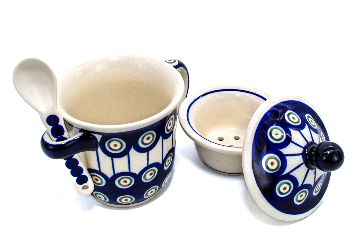 Cana cu infuzor pentru ceai, cu capac, ceramica smaltuita Peacock Eyes , pictata manual, 270 ml [5]