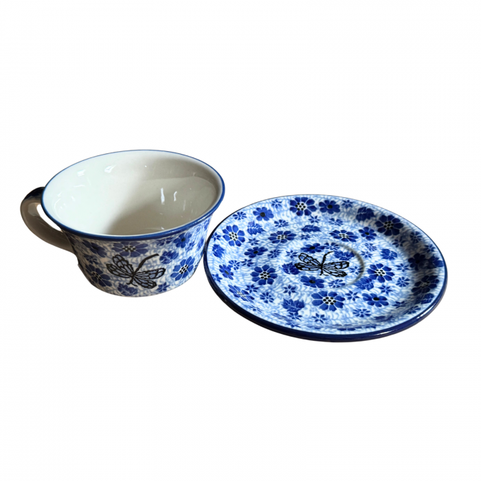 Ceasca cafea cu farfurie Butterfly Dance, ceramica smaltuita, pictata manual, 220 ml [5]