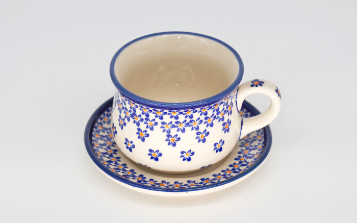 Ceasca pentru cafea cu farfurie Blue Field, ceramica smaltuita, pictata manual, 200 ml [2]