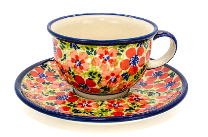 Ceasca pentru cafea cu farfurie Fire Poppies, ceramica smaltuita, pictata manual, 220 ml [2]