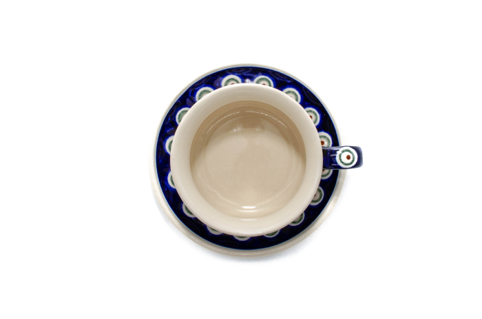 Ceasca pentru cafea cu farfurie Peacock Eyes, ceramica smaltuita, pictata manual, 200 ml [4]