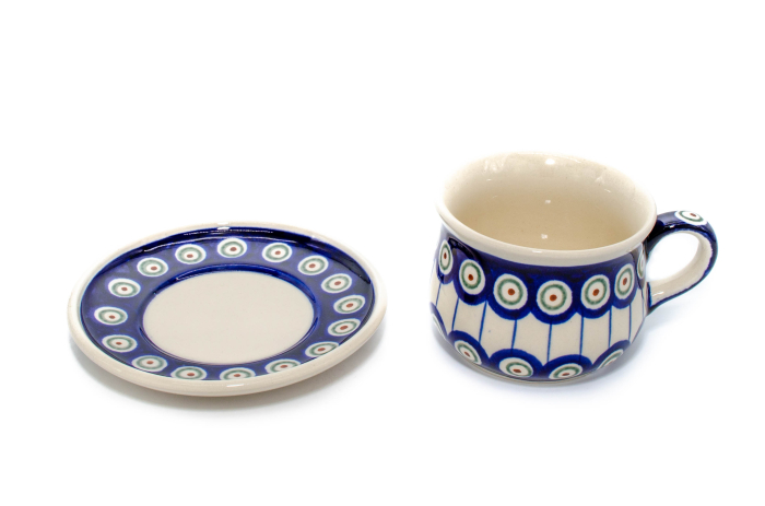 Ceasca pentru cafea cu farfurie Peacock Eyes, ceramica smaltuita, pictata manual, 200 ml [3]