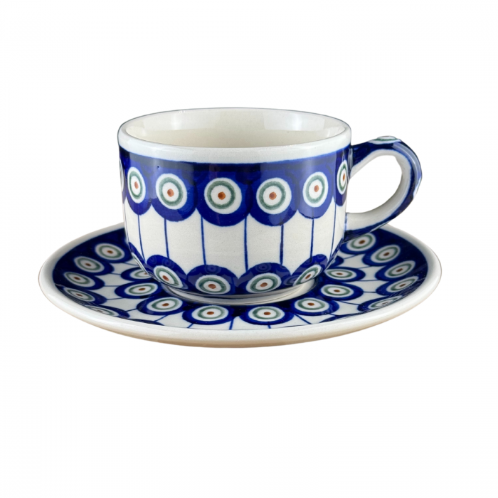 Ceasca pentru cafea cu farfurie Peacock-Eyes, ceramica smaltuita, pictata manual, 210 ml [5]