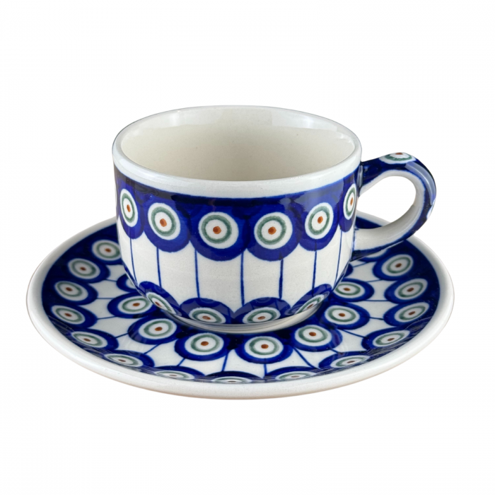 Ceasca pentru cafea cu farfurie Peacock-Eyes, ceramica smaltuita, pictata manual, 210 ml [4]