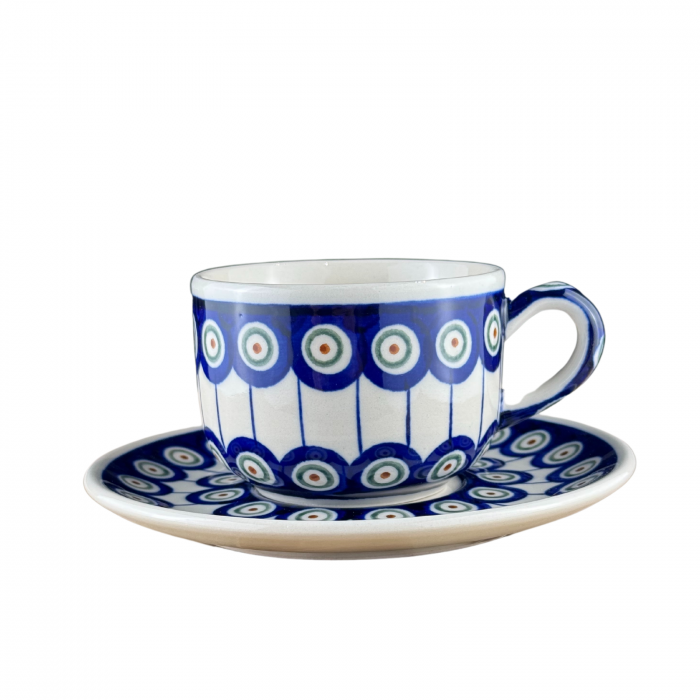 Ceasca pentru cafea cu farfurie Peacock-Eyes, ceramica smaltuita, pictata manual, 210 ml [2]