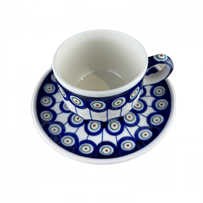 Ceasca pentru cafea cu farfurie Peacock-Eyes, ceramica smaltuita, pictata manual, 210 ml [7]