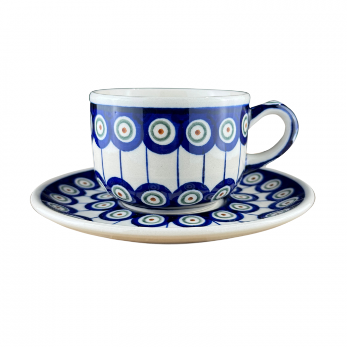 Ceasca pentru cafea cu farfurie Peacock-Eyes, ceramica smaltuita, pictata manual, 210 ml [8]